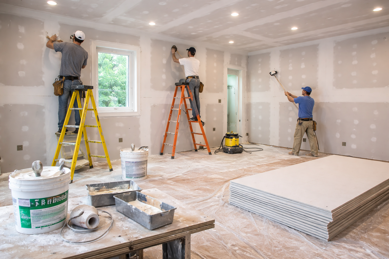 PB Virginia workers finishing drywall
